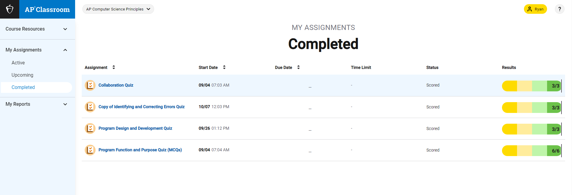 Picture of my scores on each collegeboard quiz